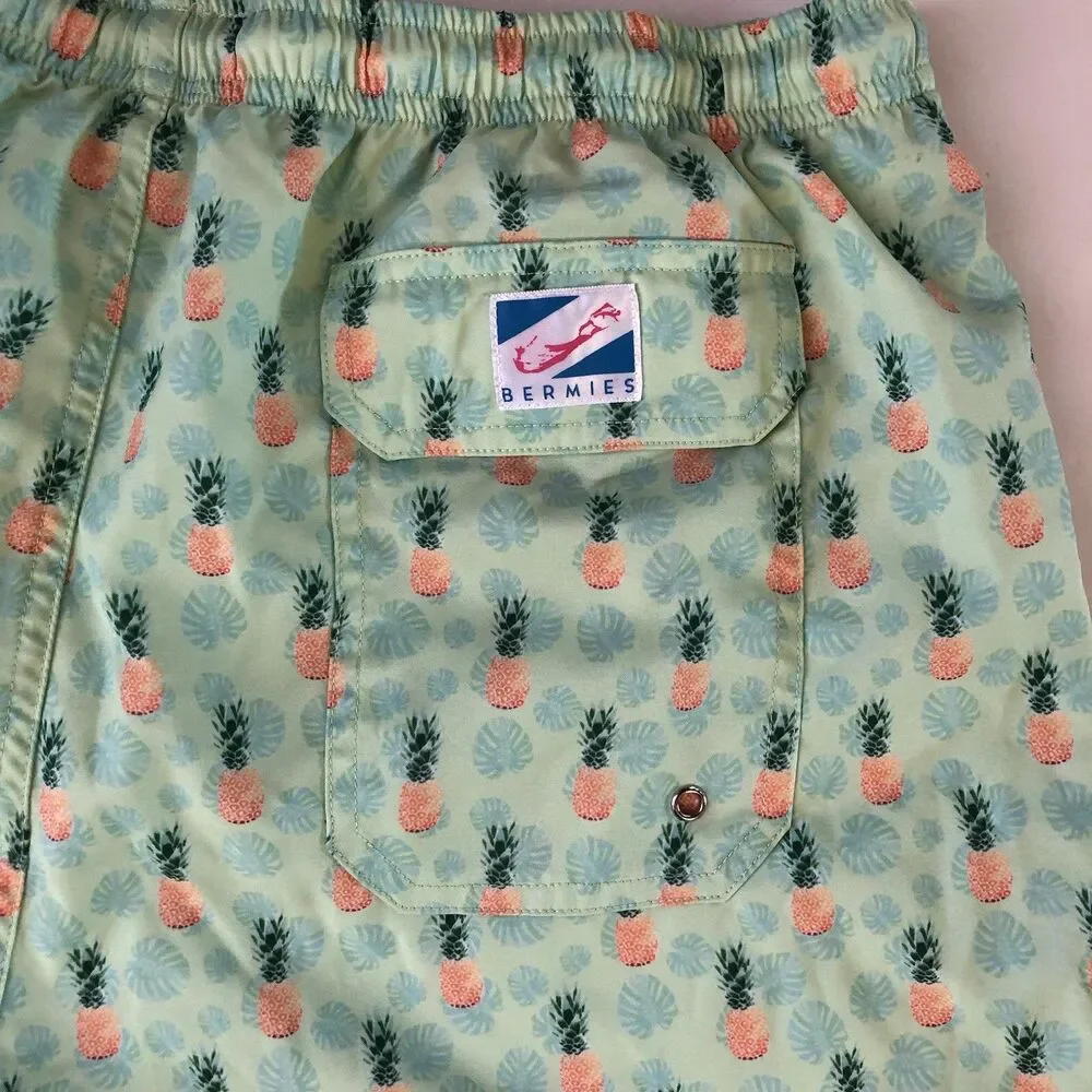 Bermies Mens Swim Trunks Pineapple Tropical Print Board Shorts Mint Green Large